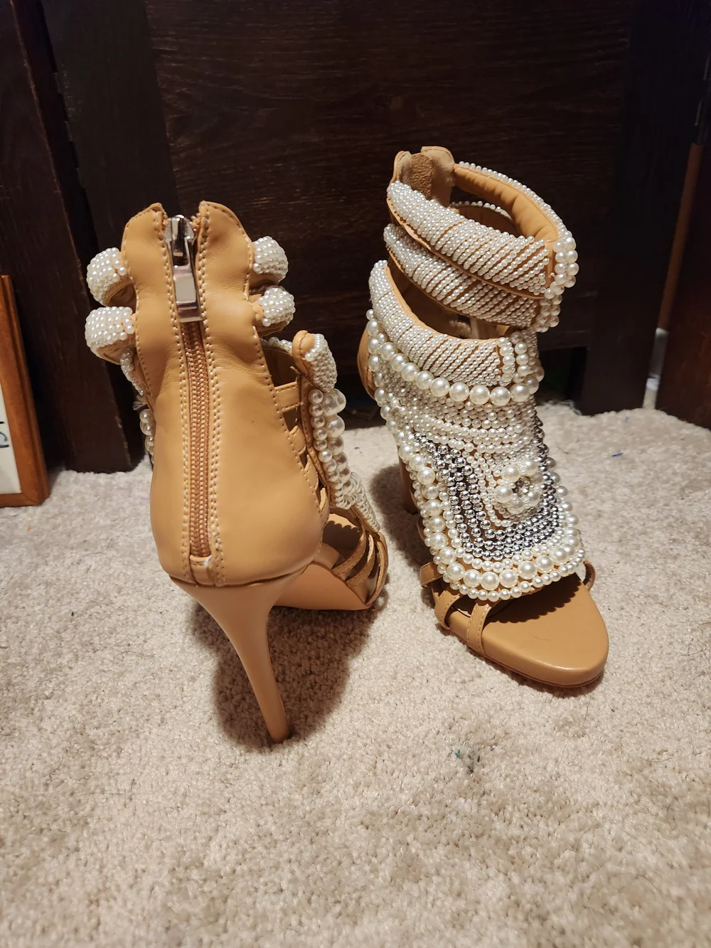 Azalea Wang Pearl-Embellished Tan High Heels - Picture 3 of 8